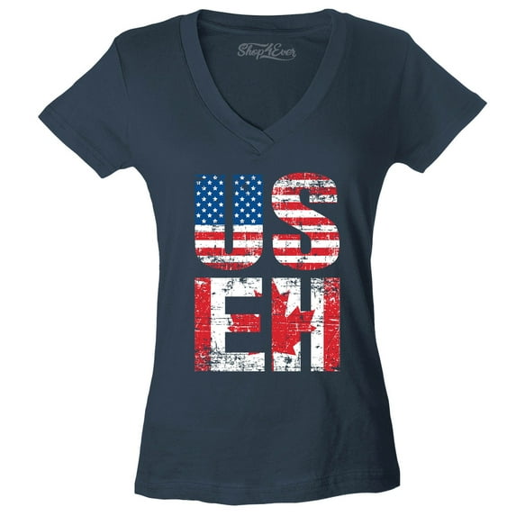 Shop4Ever Women's US EH American Canadian Flag Humor Slim Fit V-Neck T-Shirt X-Large Charcoal