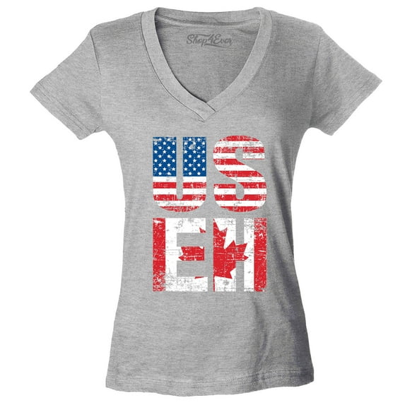 Shop4Ever Women's US EH American Canadian Flag Humor Slim Fit V-Neck T-Shirt XX-Large Sports Grey