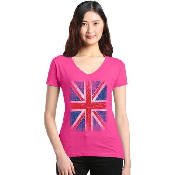 Shop4Ever Women's Union Jack British Flag UK Slim Fit V-Neck T-Shirt Large Pink