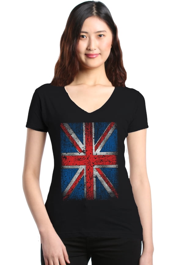 Women's Union Jack British Flag UK Slim Fit V-Neck T-Shirt Medium Black