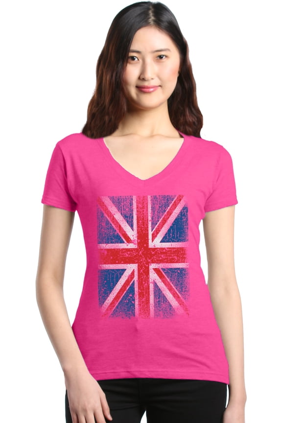 Women's Union Jack British Flag UK Slim Fit V-Neck T-Shirt Medium Pink