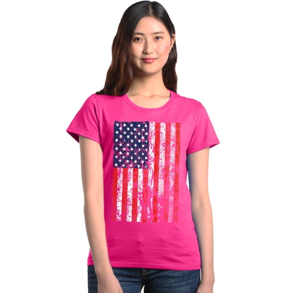 Shop4Ever Women's United States of America Flag USA 4th of July Graphic T-Shirt Small Heliconia Pink
