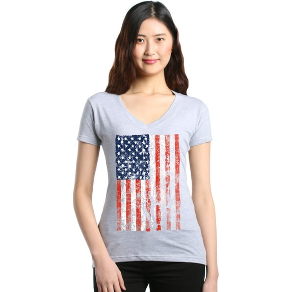 Shop4Ever Women's United States of America Flag USA 4th of July Slim Fit V-Neck T-Shirt Large Sports Grey
