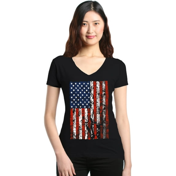 Shop4Ever Women's United States of America Flag USA 4th of July Slim Fit V-Neck T-Shirt X-Large Black