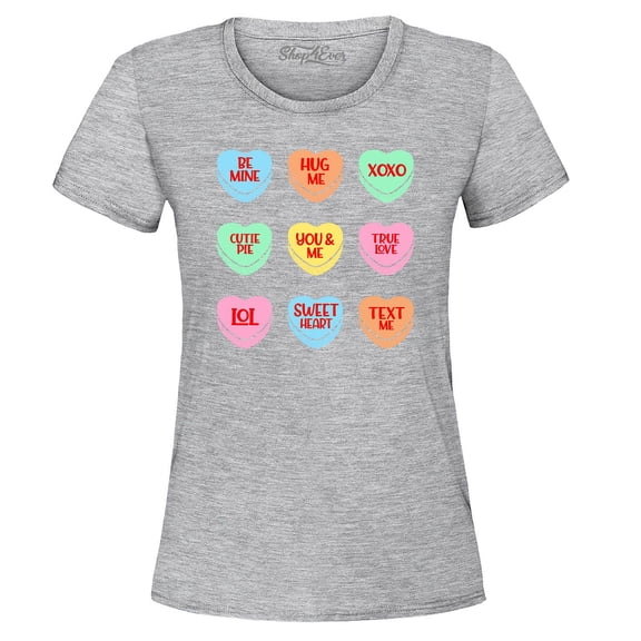 Shop4Ever Women's Valentine's Day Candy Hearts Conversation Heart Graphic T-Shirt Small Sports Grey