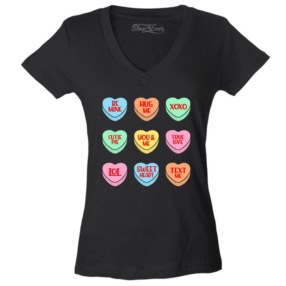 Shop4Ever Women's Valentine's Day Candy Hearts Conversation Heart Slim Fit V-Neck T-Shirt X-Large Black