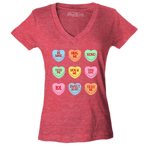Shop4Ever Women's Valentine's Day Candy Hearts Conversation Heart Slim Fit V-Neck T-Shirt X-Large Heather Red