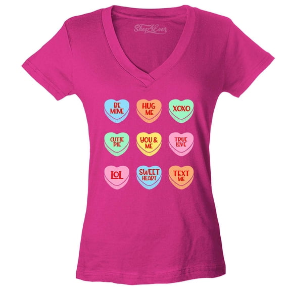 Shop4Ever Women's Valentine's Day Candy Hearts Conversation Heart Slim Fit V-Neck T-Shirt X-Small Pink
