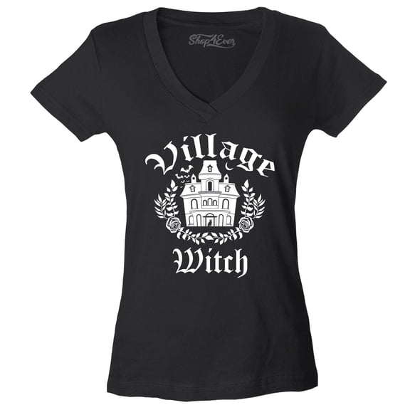 Shop4Ever Women's Village Witch Spooky Halloween Witches Slim Fit V-Neck T-Shirt Medium Black