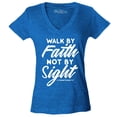 thumbnail image 1 of Shop4Ever Women's Walk by Faith Not by Sight 2 Corinthians 5:7 Slim Fit V-Neck T-Shirt Small Heather Royal Blue, 1 of 5