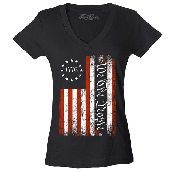 Shop4Ever Women's We The People American Flag Slim Fit V-Neck T-Shirt Large Black