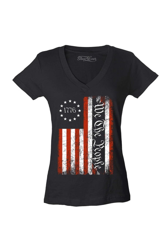 Women's We The People American Flag Slim Fit V-Neck T-Shirt Large Black