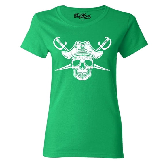 Shop4Ever Women's White Pirate Captain Skull with Scimitars Graphic T-Shirt Large Irish Green