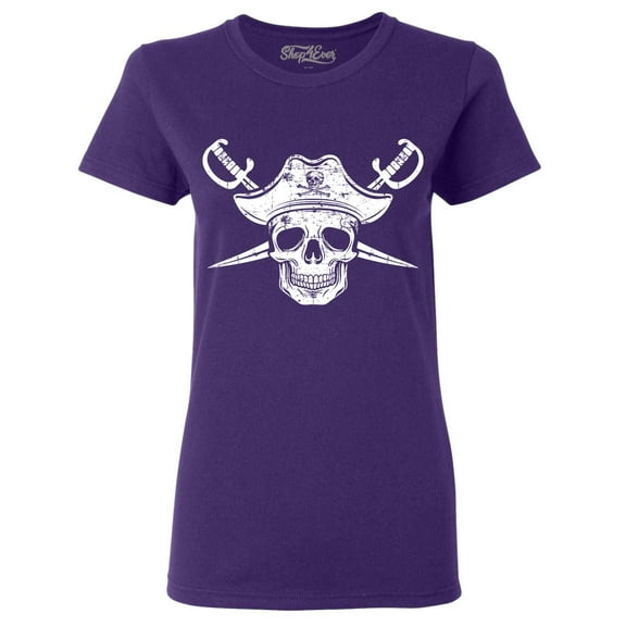 Shop4Ever Women's White Pirate Captain Skull with Scimitars Graphic T-Shirt Large Purple