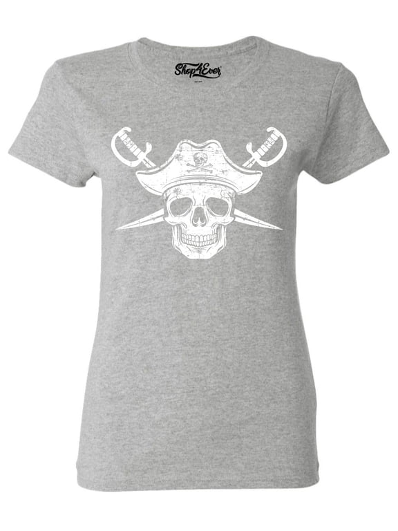 Women's White Pirate Captain Skull with Scimitars Graphic T-Shirt Large Sports Grey