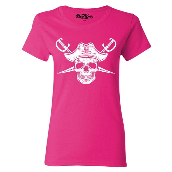 Shop4Ever Women's White Pirate Captain Skull with Scimitars Graphic T-Shirt Small Heliconia Pink