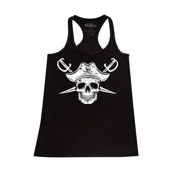 Shop4Ever Women's White Pirate Captain Skull with Scimitars Racerback Tank Top Medium Black