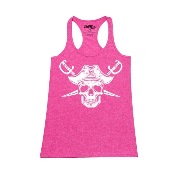 Shop4Ever Women's White Pirate Captain Skull with Scimitars Racerback Tank Top Medium Fuchsia