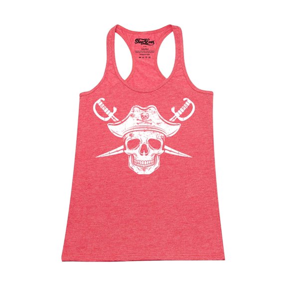 Shop4Ever Women's White Pirate Captain Skull with Scimitars Racerback Tank Top X-Large Red
