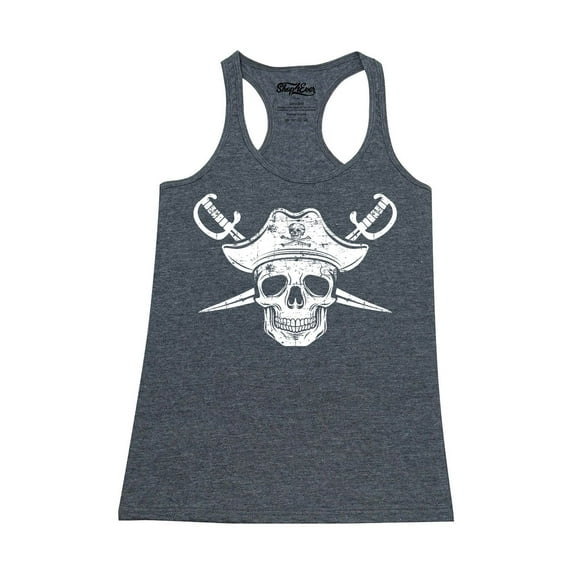 Shop4Ever Women's White Pirate Captain Skull with Scimitars Racerback Tank Top X-Small Charcoal