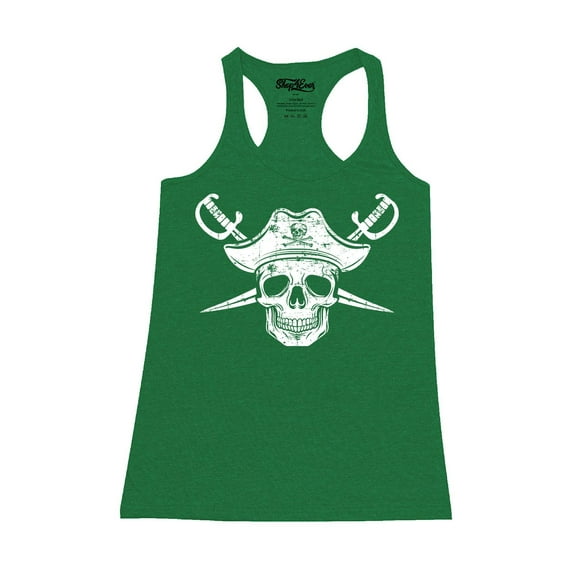 Shop4Ever Women's White Pirate Captain Skull with Scimitars Racerback Tank Top X-Small Kelly Green