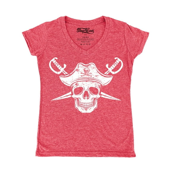 Shop4Ever Women's White Pirate Captain Skull with Scimitars Slim Fit V-Neck T-Shirt Large Heather Red