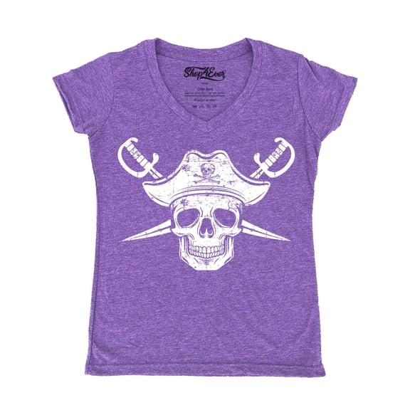 Shop4Ever Women's White Pirate Captain Skull with Scimitars Slim Fit V-Neck T-Shirt X-Large Heather Purple