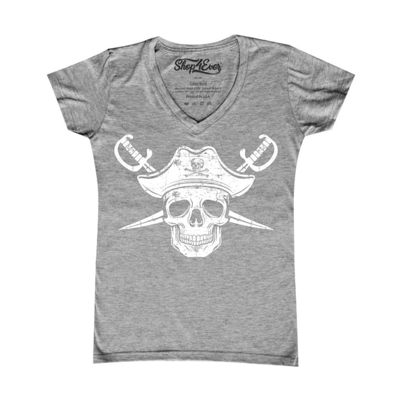 Shop4Ever Women's White Pirate Captain Skull with Scimitars Slim Fit V-Neck T-Shirt X-Large Sports Grey