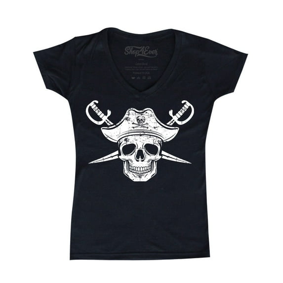 Shop4Ever Women's White Pirate Captain Skull with Scimitars Slim Fit V-Neck T-Shirt X-Small Black