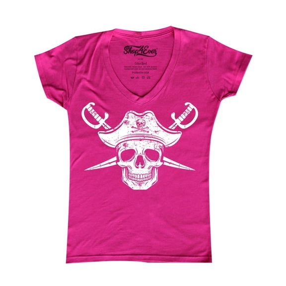 Shop4Ever Women's White Pirate Captain Skull with Scimitars Slim Fit V-Neck T-Shirt X-Small Pink