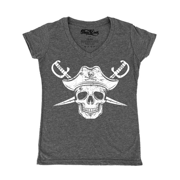 Shop4Ever Women's White Pirate Captain Skull with Scimitars Slim Fit V-Neck T-Shirt XX-Large Heather Charcoal