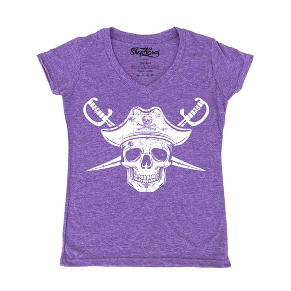 Shop4Ever Women's White Pirate Captain Skull with Scimitars Slim Fit V-Neck T-Shirt XX-Large Heather Purple