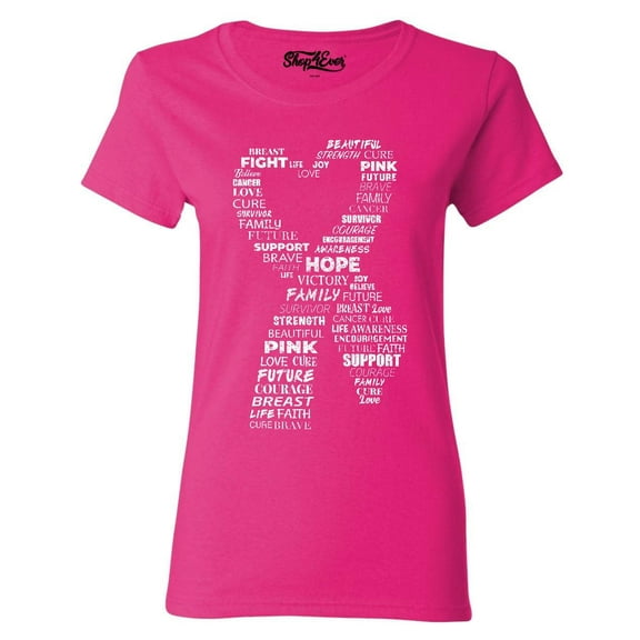Shop4Ever Women's White Ribbon Heart Montage Cloud Breast Cancer Graphic T-Shirt Medium Heliconia Pink