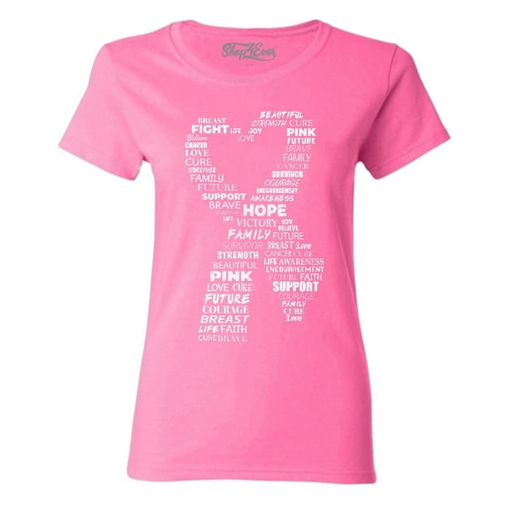 Shop4Ever Women's White Ribbon Heart Montage Cloud Breast Cancer Graphic T-Shirt Small Azalea Pink