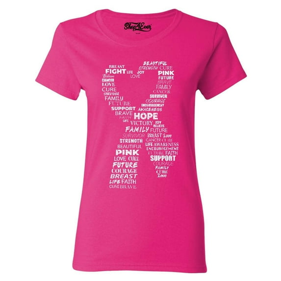 Shop4Ever Women's White Ribbon Heart Montage Cloud Breast Cancer Graphic T-Shirt Small Heliconia Pink