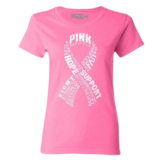 Shop4Ever Women's White Ribbon Montage Word Cloud Breast Cancer Graphic T-Shirt XXX-Large Azalea Pink