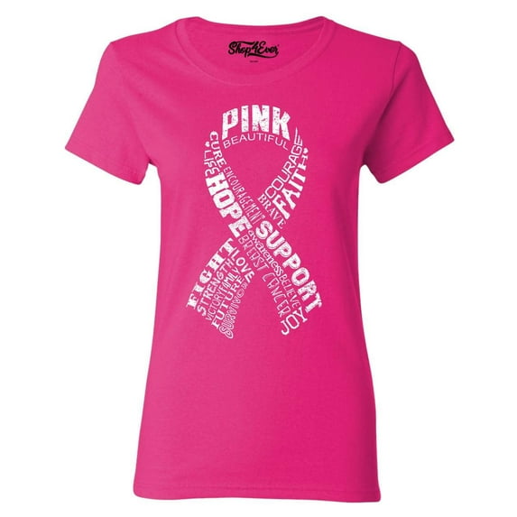 Shop4Ever Women's White Ribbon Montage Word Cloud Breast Cancer Graphic T-Shirt XXX-Large Heliconia Pink