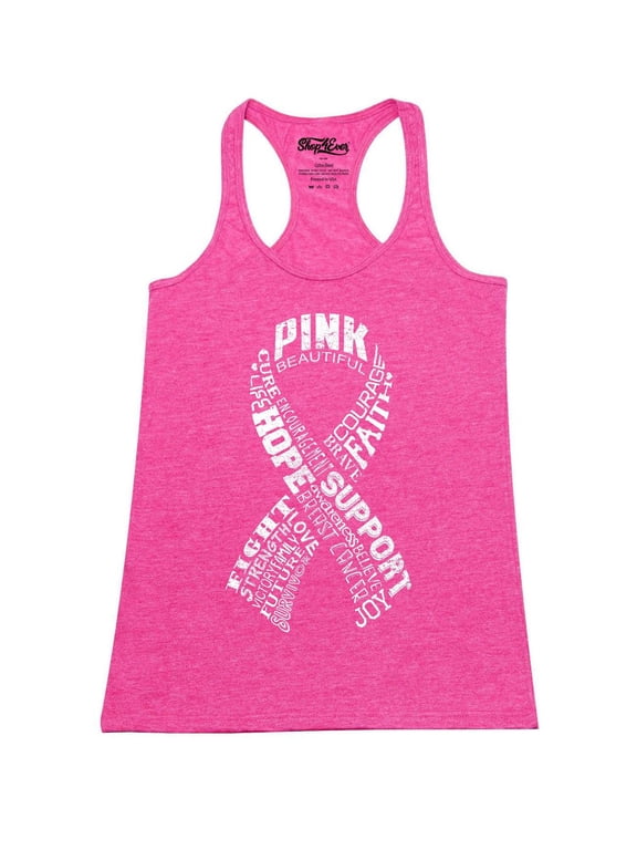 Women's White Ribbon Montage Word Cloud Breast Cancer Racerback Tank Top X-Large Fuchsia