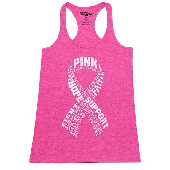 Shop4Ever Women's White Ribbon Montage Word Cloud Breast Cancer Racerback Tank Top X-Small Fuchsia