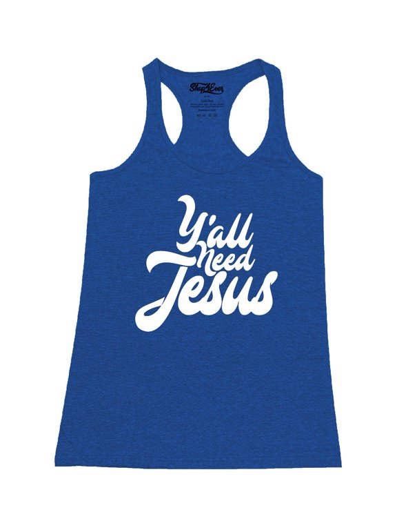 Women's Y'all Need Jesus Racerback Tank Top Medium Royal Blue