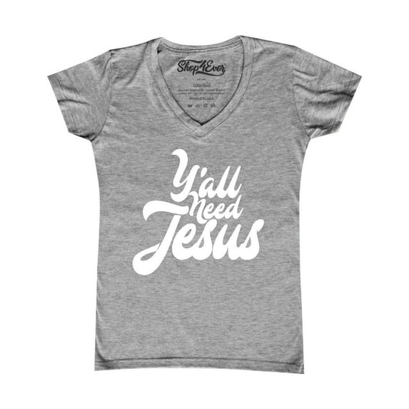 Shop4Ever Women's Y'all Need Jesus Slim Fit V-Neck T-Shirt Large Sports Grey