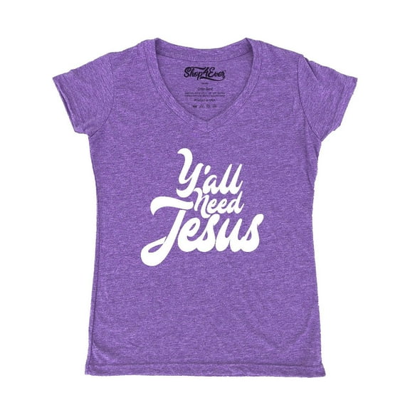 Shop4Ever Women's Y'all Need Jesus Slim Fit V-Neck T-Shirt X-Small Heather Purple