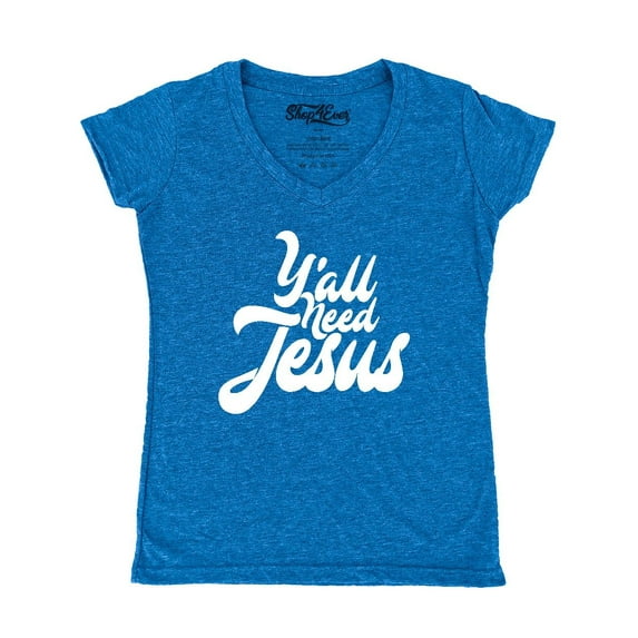 Shop4Ever Women's Y'all Need Jesus Slim Fit V-Neck T-Shirt X-Small Heather Royal Blue