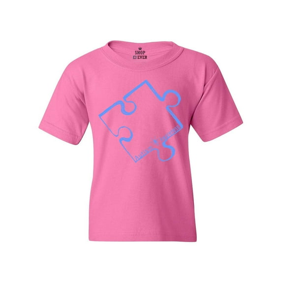 Shop4Ever Youth Blue Puzzle Piece Autism Awareness Graphic Youth T-Shirt X-Small Azalea Pink