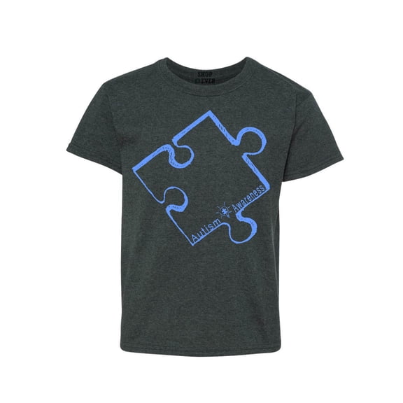 Shop4Ever Youth Blue Puzzle Piece Autism Awareness Graphic Youth T-Shirt X-Small Dark Heather