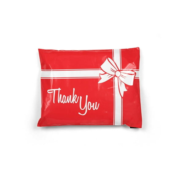 Shop4Mailers 10x13 Thank You Christmas Gift with Bow Red and White Holiday Poly Bag Mailer Envelopes 2 Mil (100 Pack, Red Gift)
