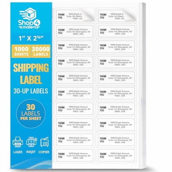 Shop4Mailers 30-Up White Permanent Self Adhesive Shipping Labels 1 x 2 5/8 Easy Peel Stickers for Laser & Inkjet Printers ~ 1000 Sheets, 30000 Count Labels