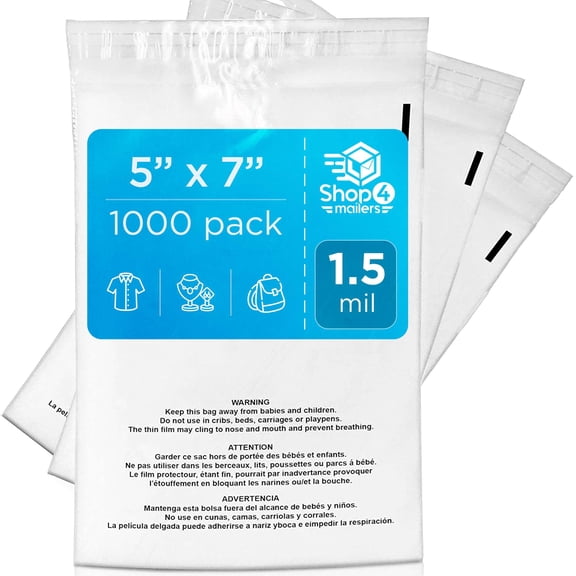 Shop4Mailers 5 x 7 Suffocation Warning Clear Plastic Self Seal Poly Bags 1.5 Mil 1000 Pack