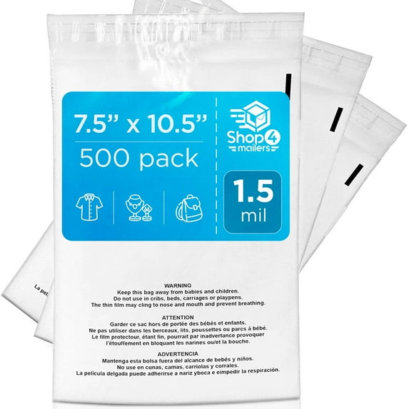 Shop4Mailers 7.5 x 10.5 Suffocation Warning Clear Plastic Self Seal Poly Bags 1.5 Mil 500 Pack