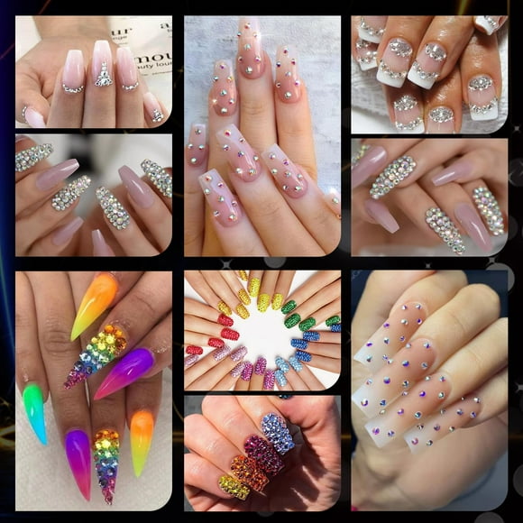 ShopEaseWaves Flatback Rhinestones for Nails with Glue Gel, Glass Crystal AB + Clear + Mixed Color Iridescent Chameleon Gems, Rhinestones Glue for Nail Decoration with Dotting Tools